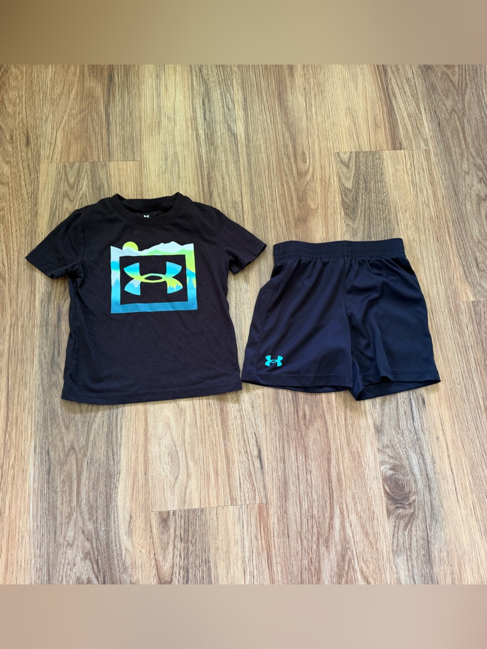 Under Armour Black Kids Tee and Shorts Set with Aqua Logo